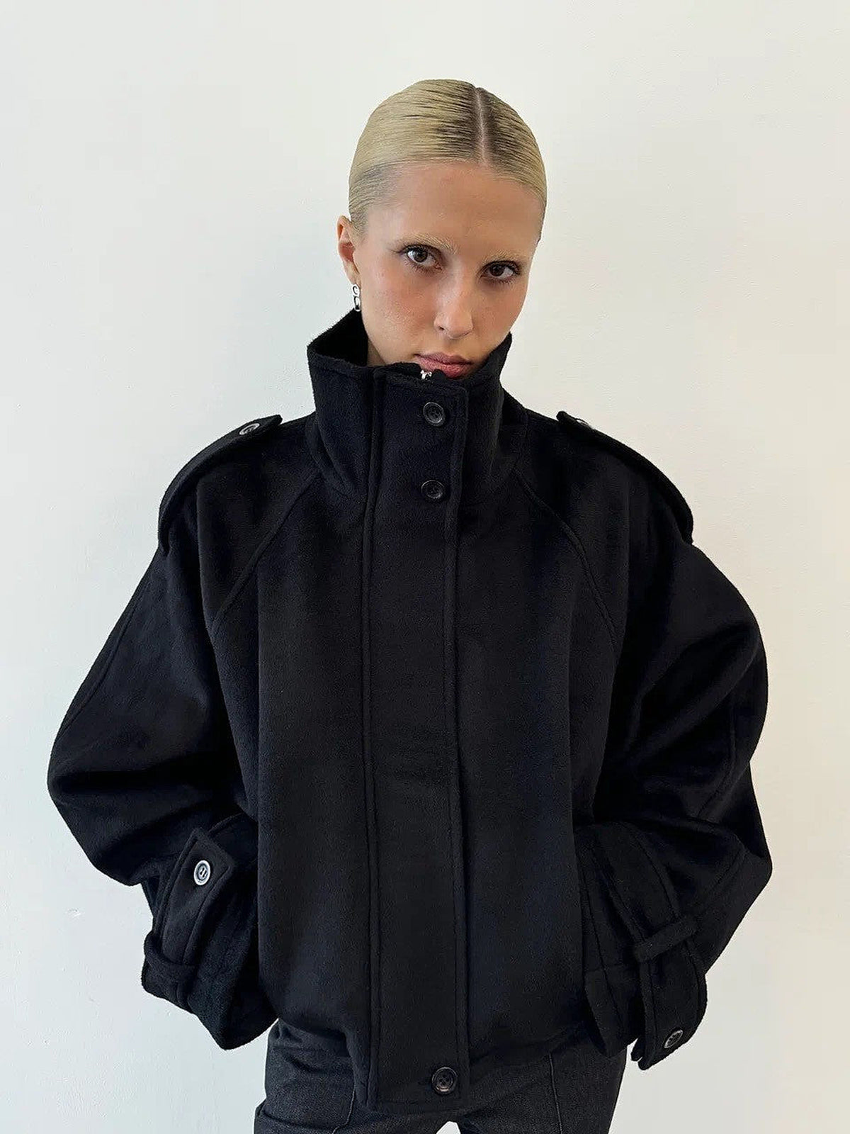 black | Stand collar wool blend coat, front view