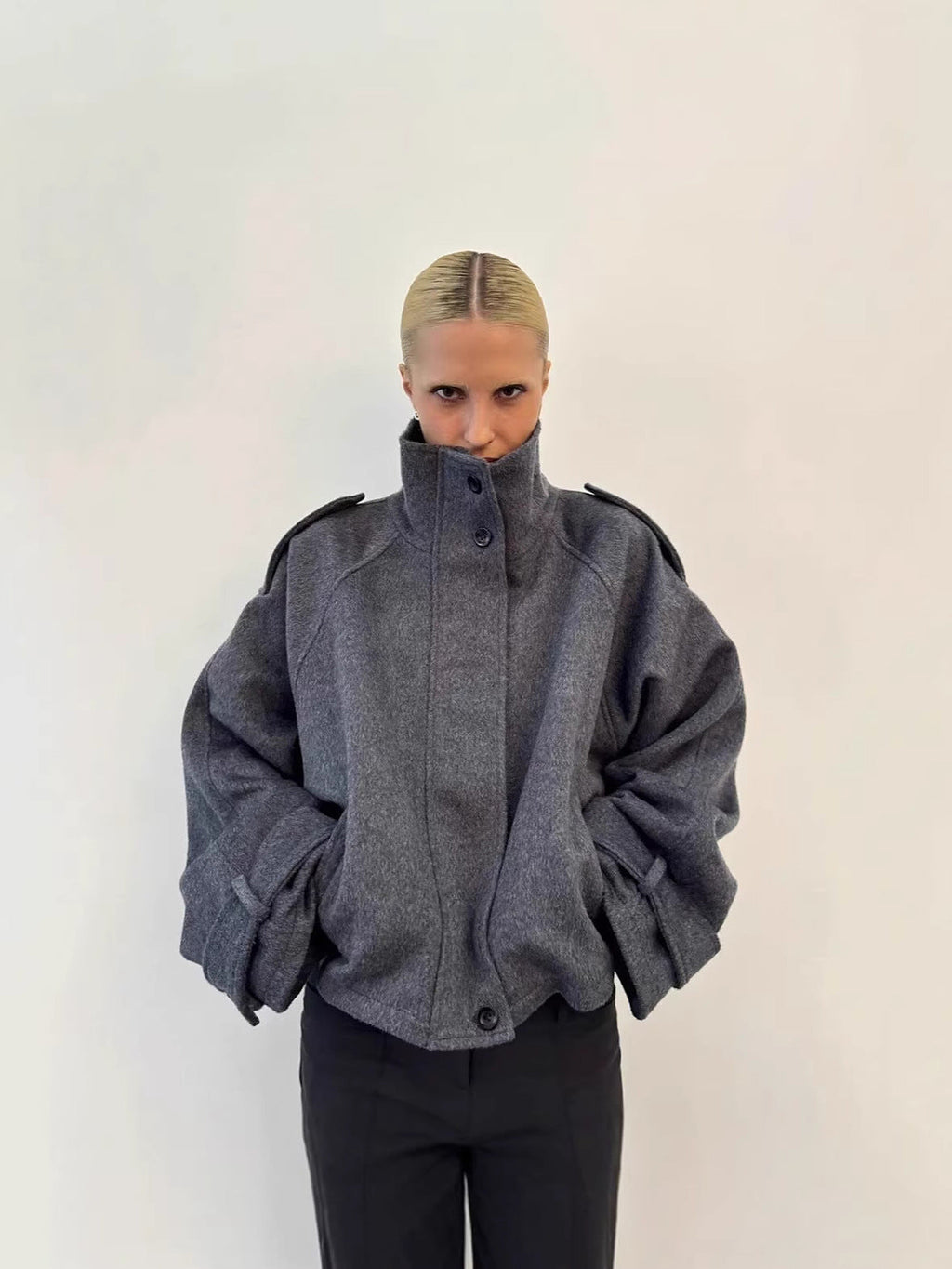 grey | Stand collar wool blend coat, front view