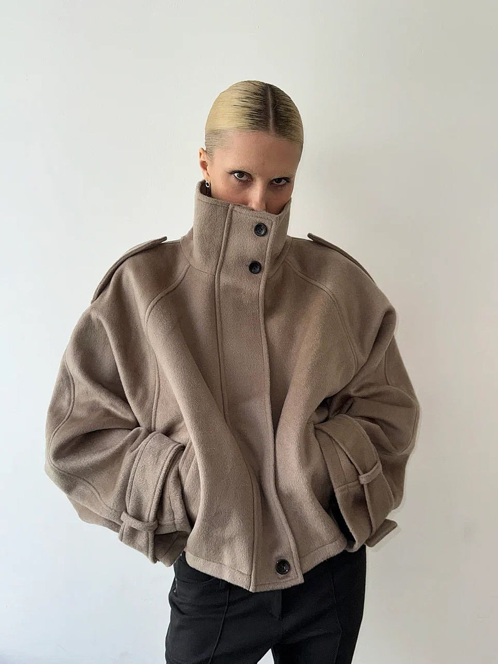 Khaki color | Stand collar wool blend coat, front view