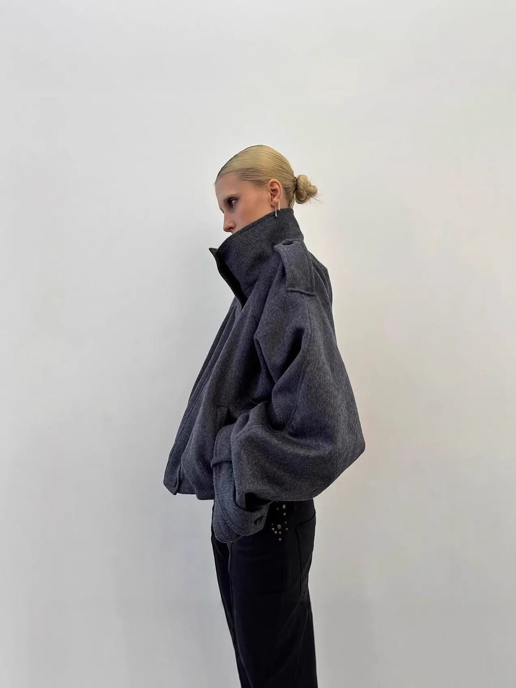 grey | Stand collar wool blend coat, side profile