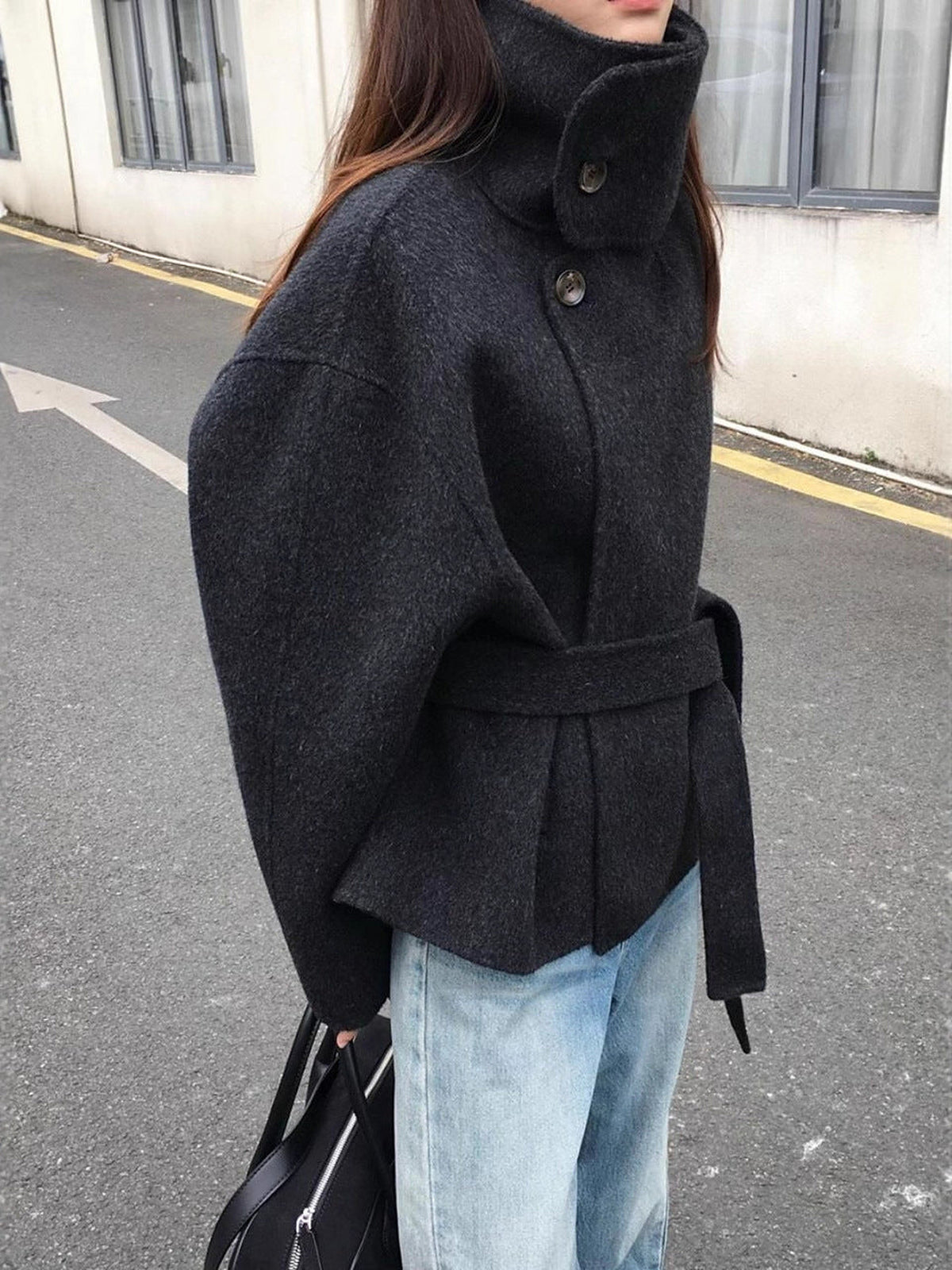 black | Stand collar wool blend coat, styled with jeans