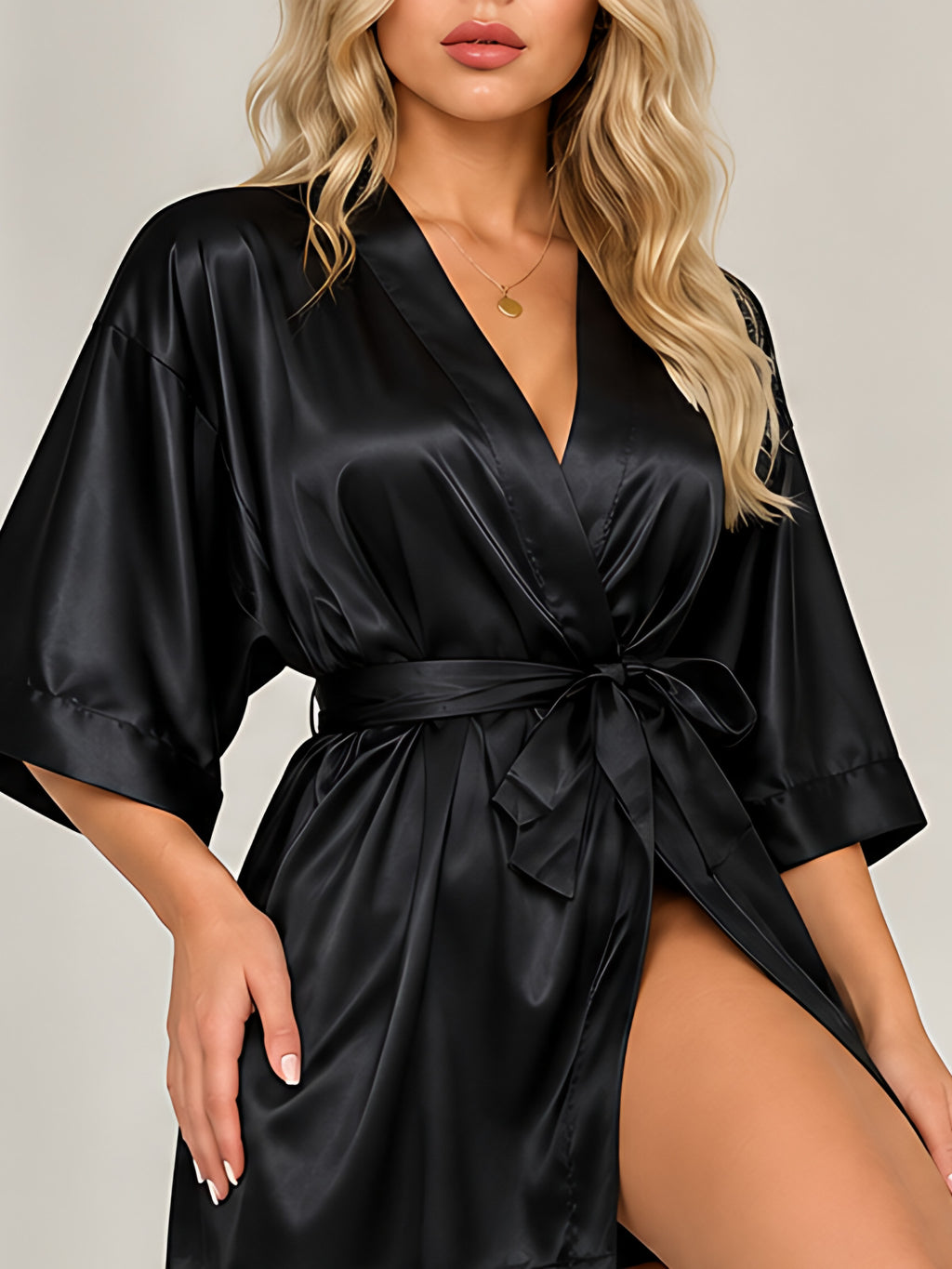 Black | Satin kimono robe, front view