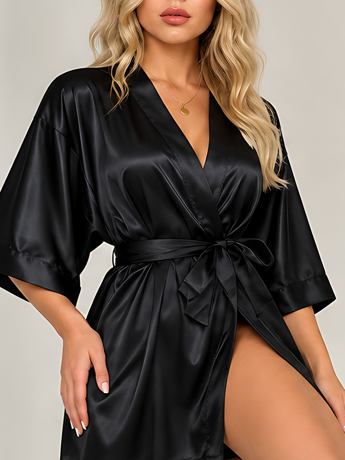 Black | Satin kimono robe, front view