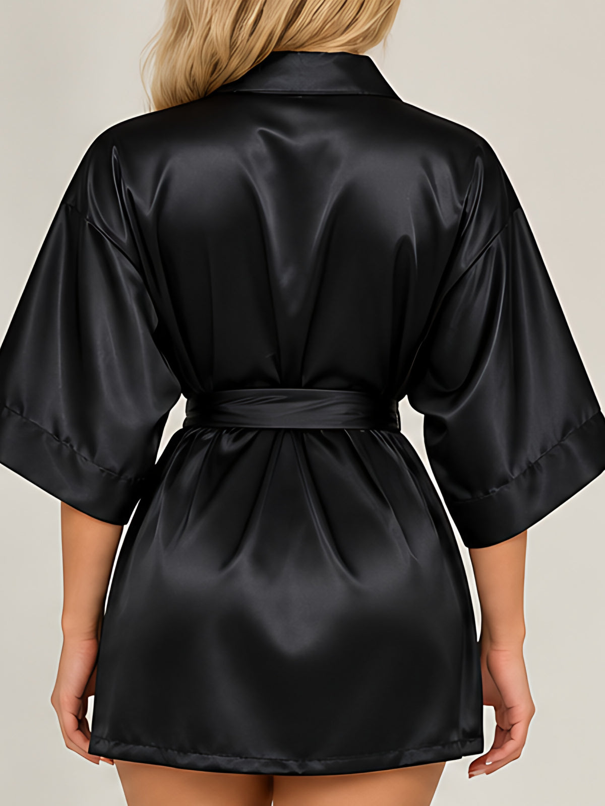 Black | Satin kimono robe, back view