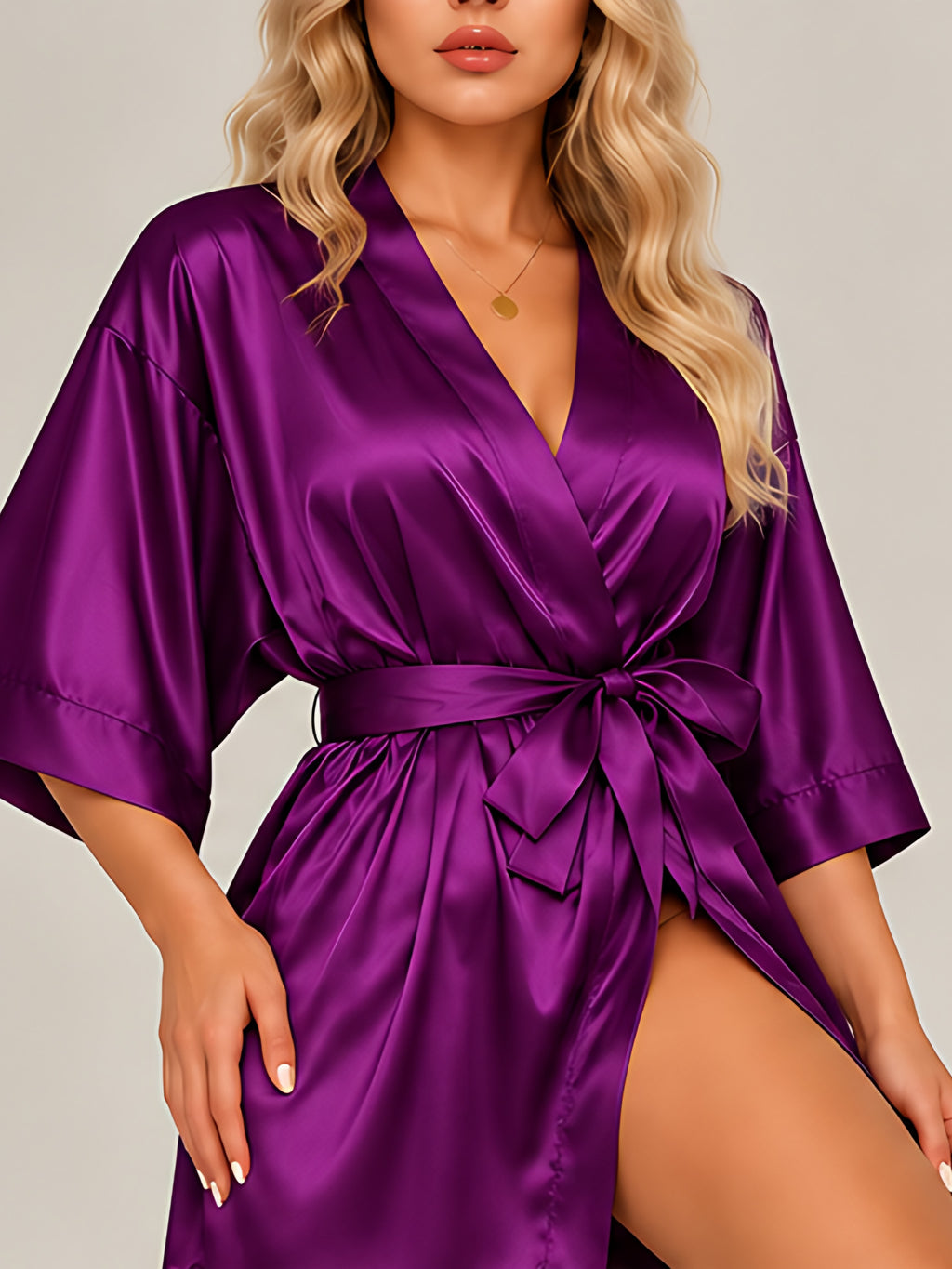 Purple | Satin kimono robe, front view