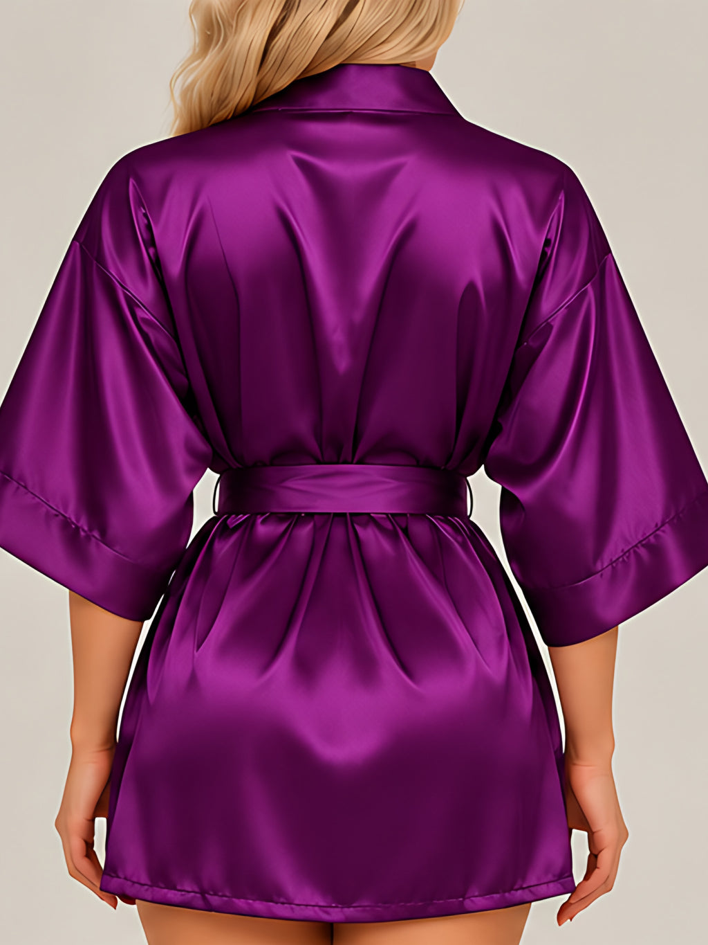 Purple | Satin kimono robe, back view