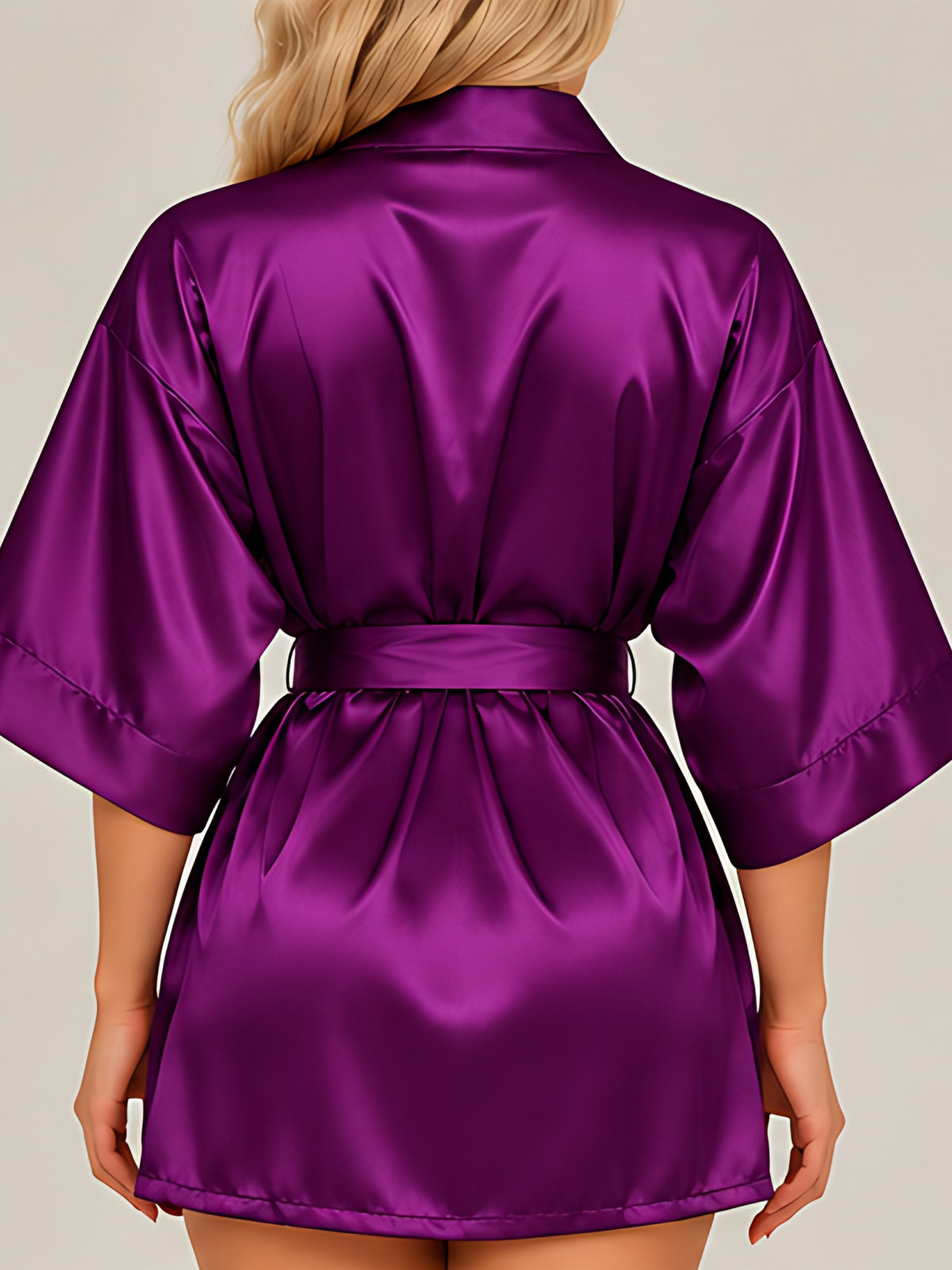 Purple | Satin kimono robe, back view
