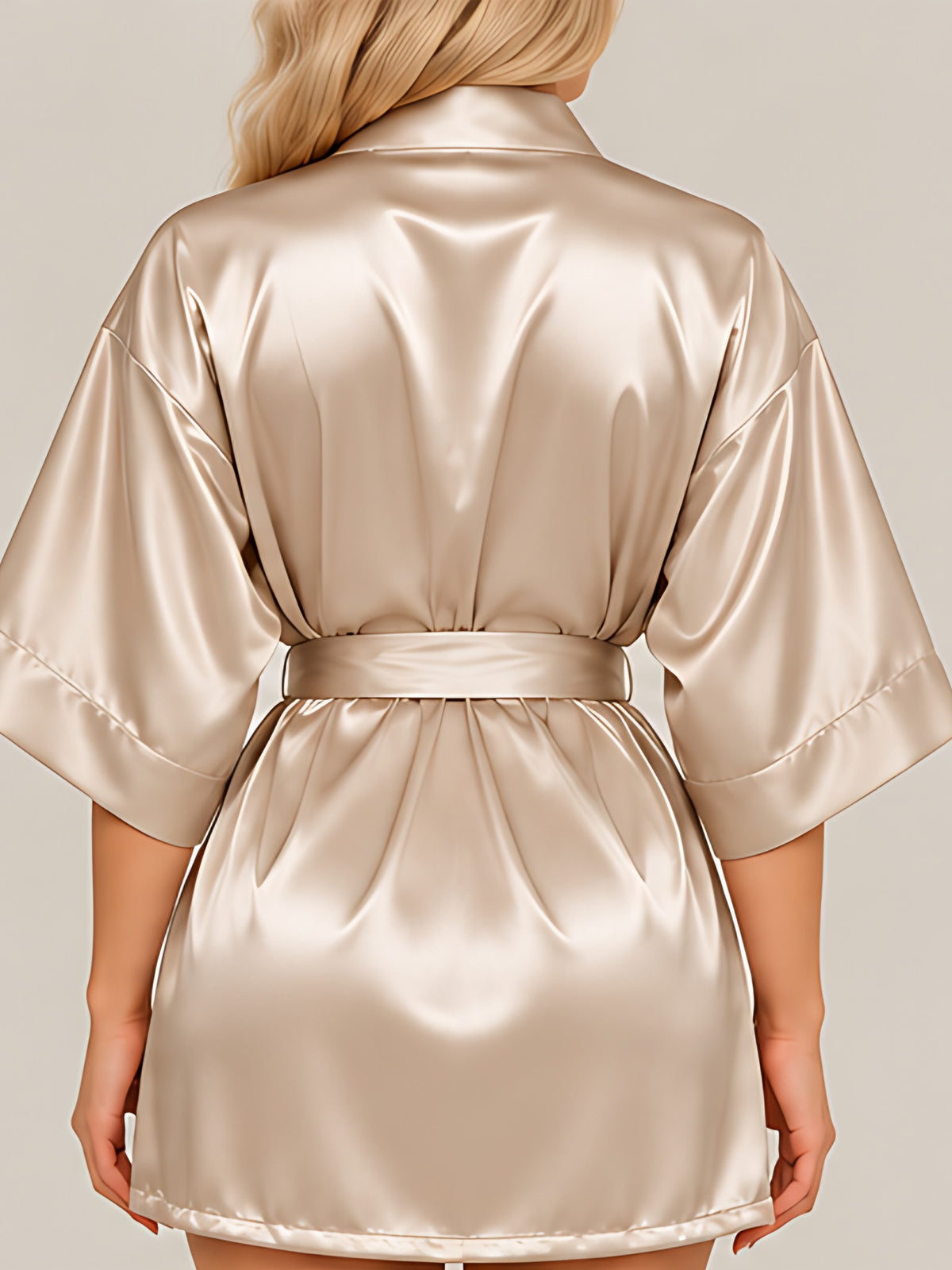 Khaki | Satin kimono robe, back view
