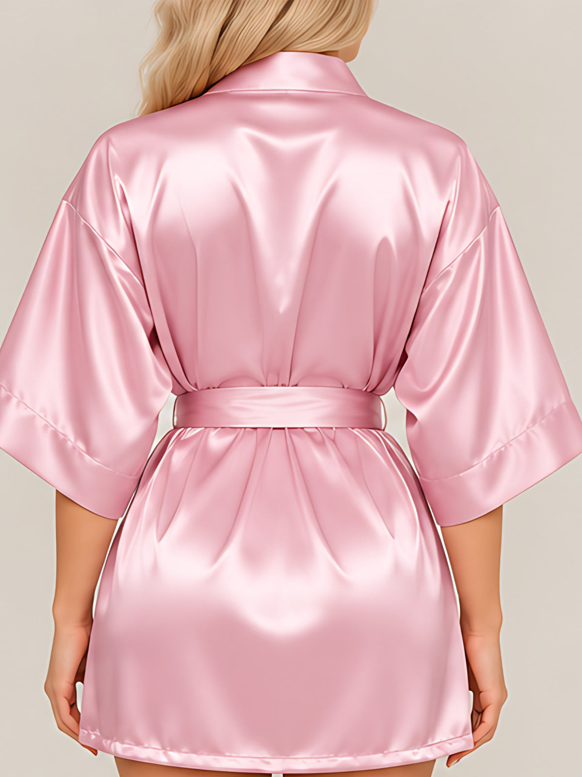 Pink | Satin kimono robe, back view