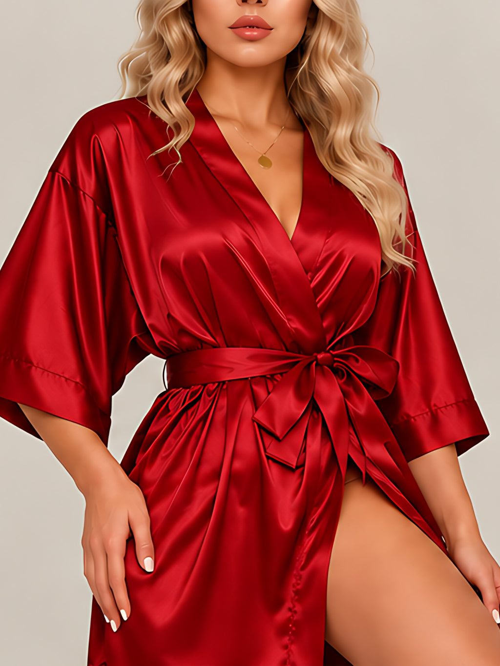 Red | Satin kimono robe, front view