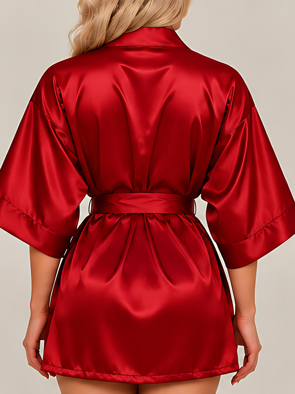 Red | Satin kimono robe, back view