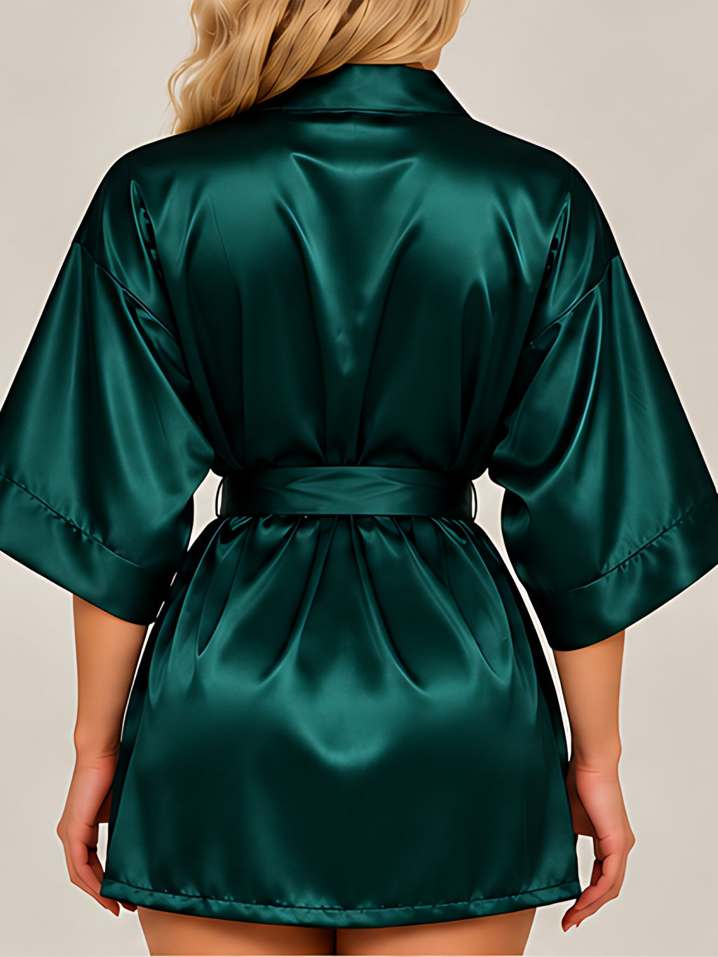 Green | Satin kimono robe, back view