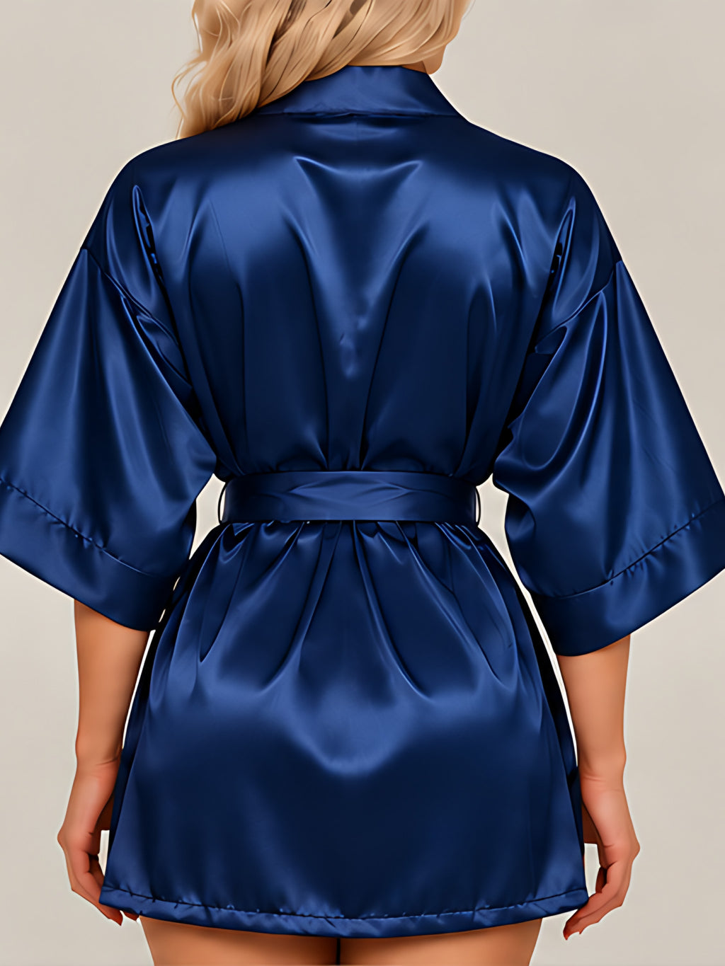 Navy blue | Satin kimono robe, back view
