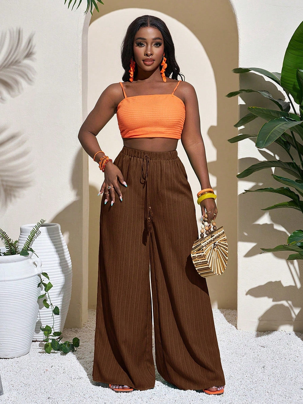 Brown | High waist wide leg trousers