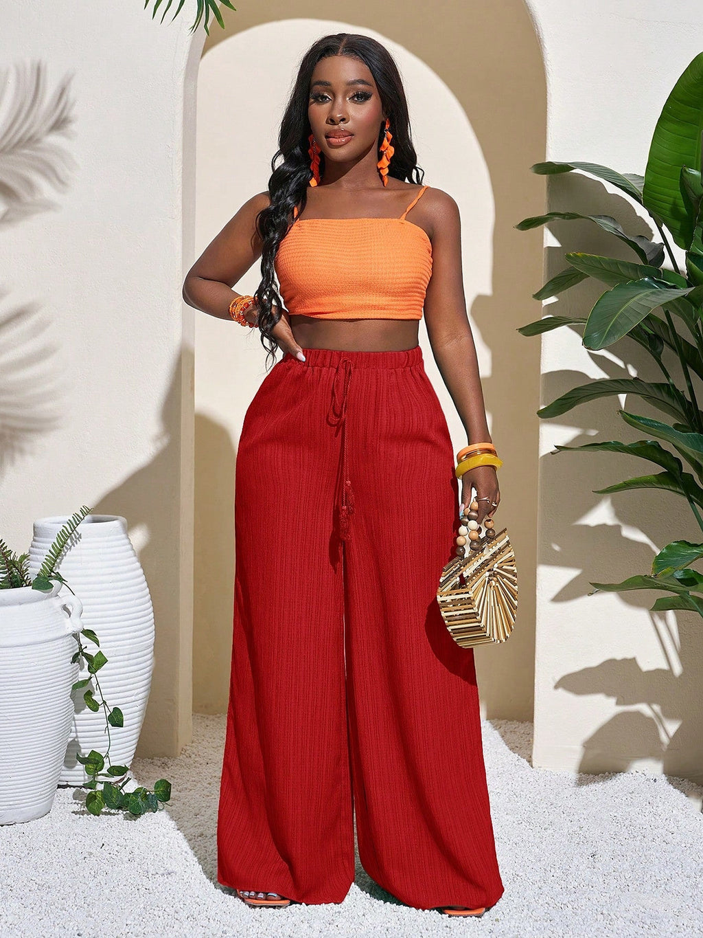 Red | High waist wide leg trousers