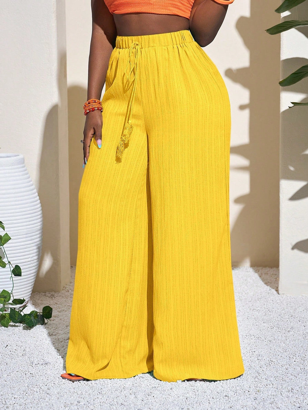 Yellow | High waist wide leg trousers, fabric detail